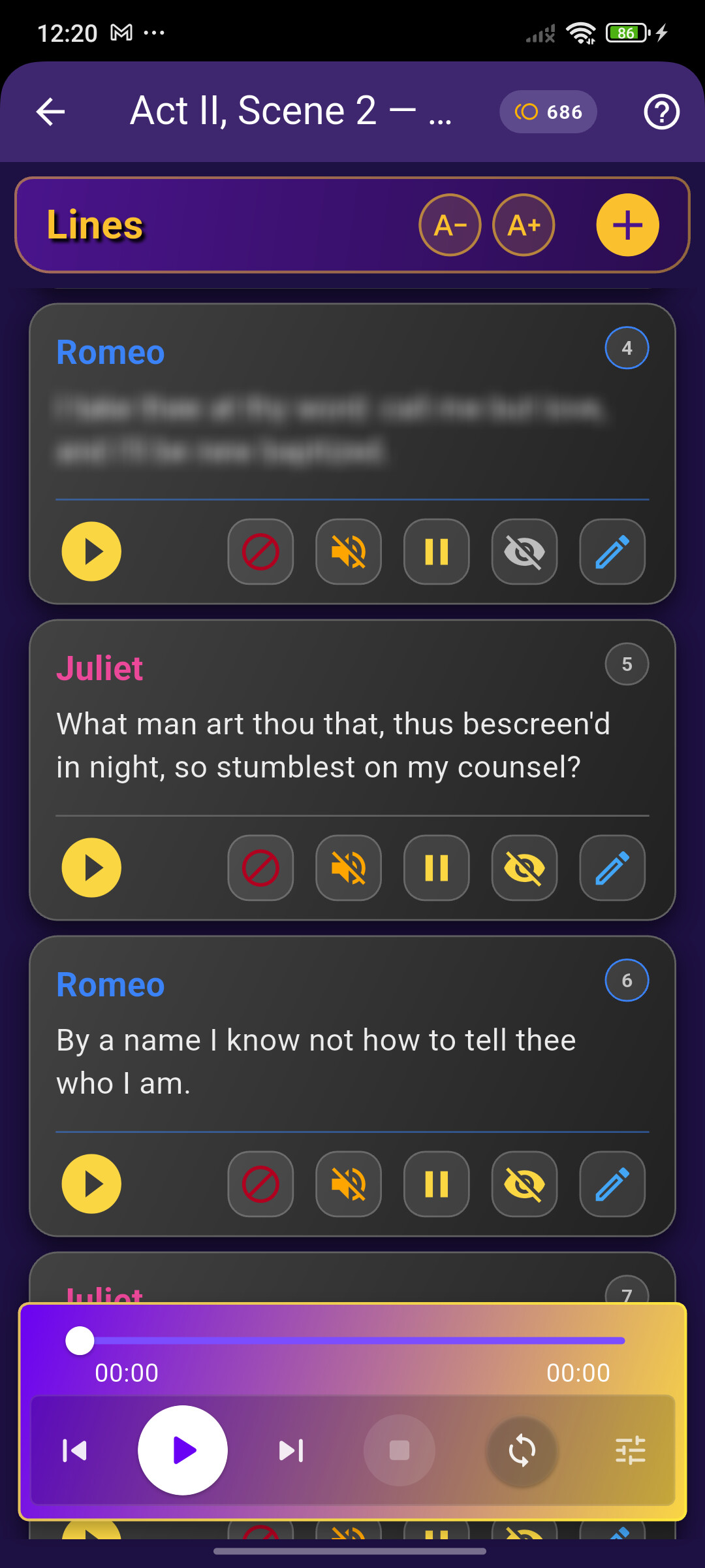 Screenshot of FlowDrama showing a blurred line on screen, to test whether you've actually memorized it.