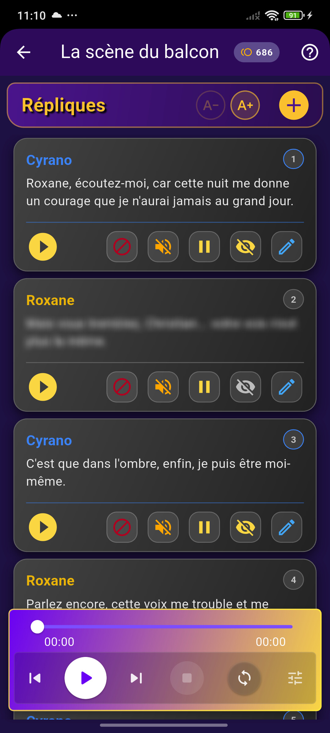 Capture d'écran de FlowDrama montrant une réplique floutée à l'écran, pour tester si vous l'avez vraiment mémorisée.