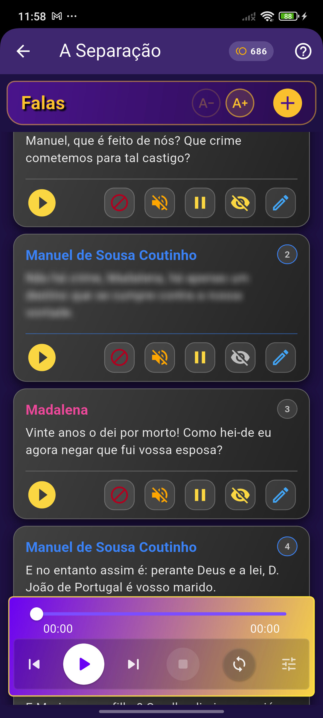 Captura de tela do FlowDrama mostrando a fala borrada na tela, pra testar se você já decorou o texto.