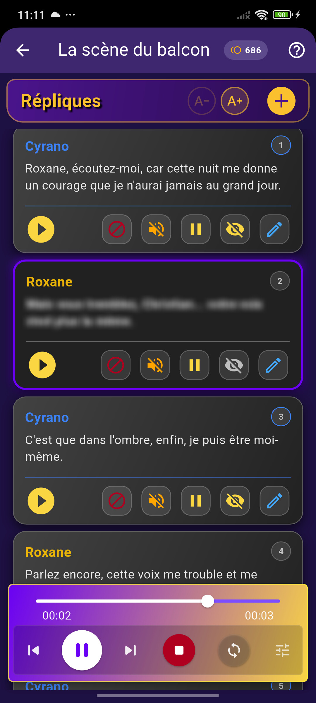 Capture d'écran de FlowDrama montrant le mode répétition en cours.