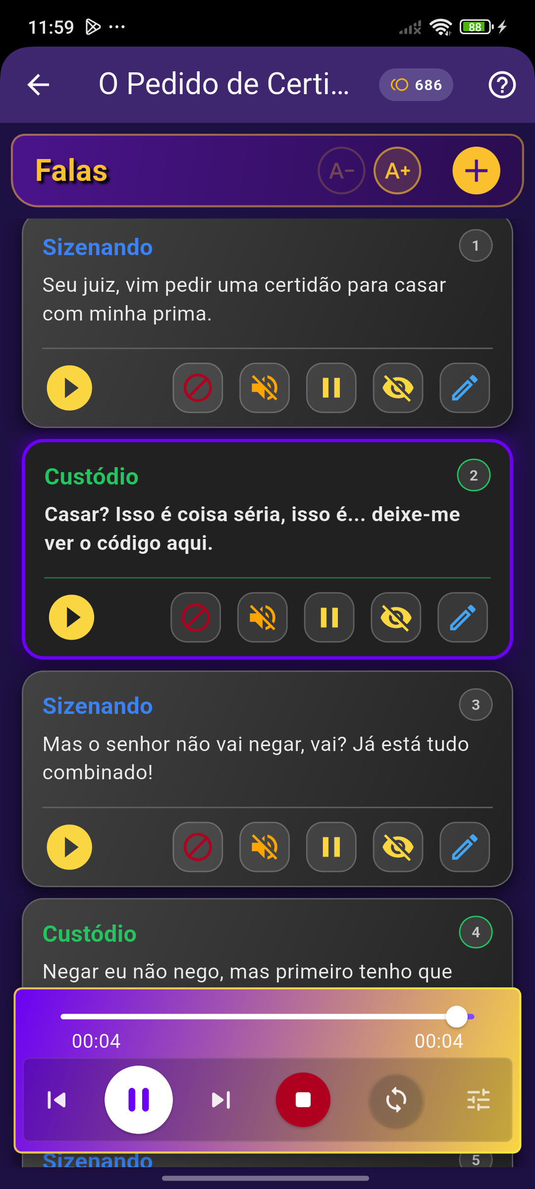 Captura de tela do FlowDrama mostrando o modo de ensaio tocando as falas.